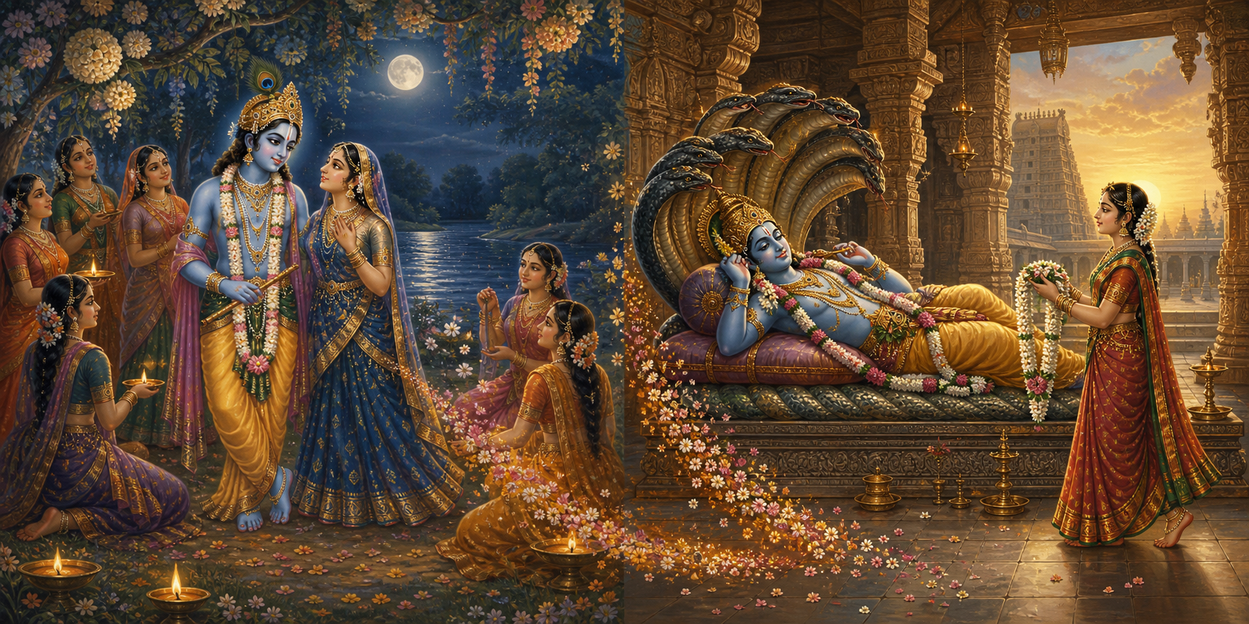 A split devotional illustration shows Radha and Krishna in a moonlit Vrindavan grove on the left and Andal carrying a flower garland toward reclining Ranganatha in a South Indian temple on the right.