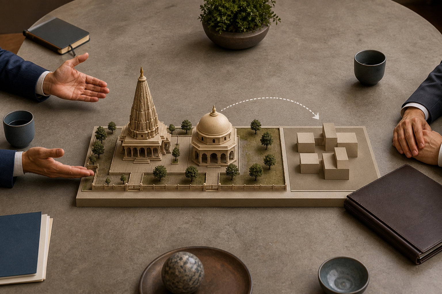 Hands from opposing sides gesture over an architectural model and a separate plot while a closed legal folder remains on the table.