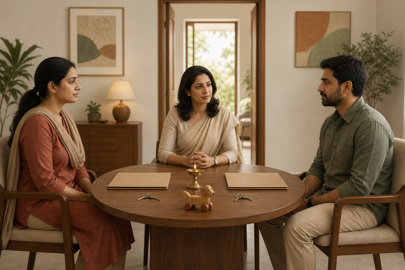 Two Indian spouses sit with a mediator at a round table holding keys, closed folders, a brass lamp, and a child's wooden toy.