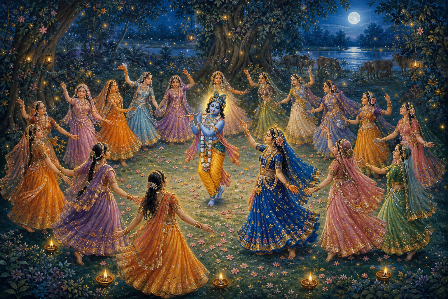 Radha and the gopis dance in a circle around flute-playing Krishna in a moonlit Vrindavan grove.