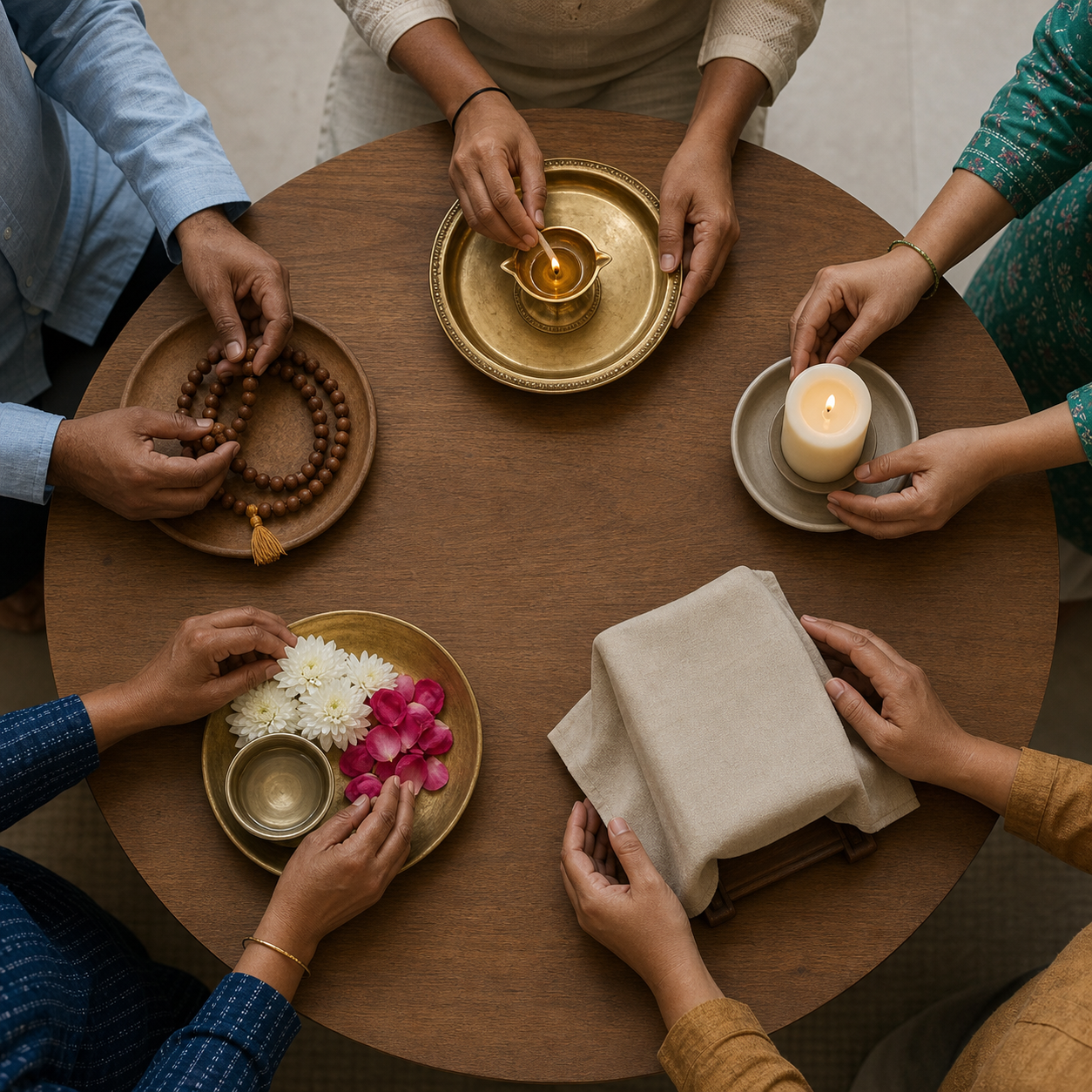 A diverse group of people carefully tends devotional objects arranged with equal prominence on a circular conservation table.