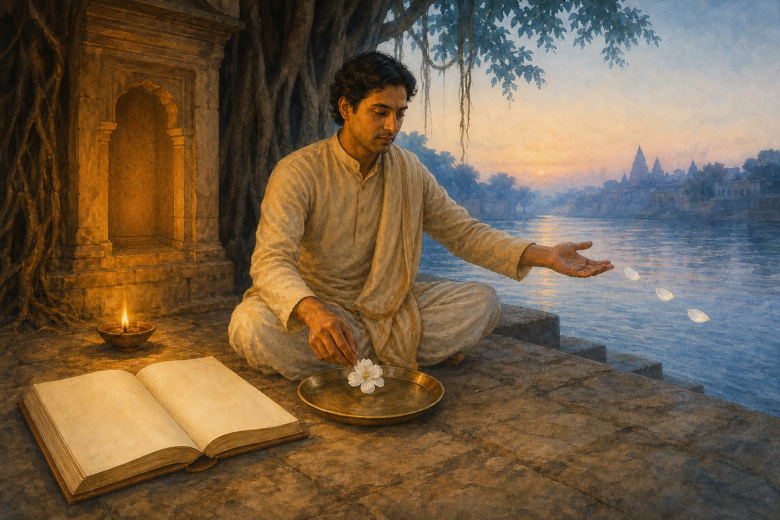A devotee sits at a riverside shrine with an open unmarked manuscript, an oil lamp, a flower offering, and petals drifting toward the water at dawn.