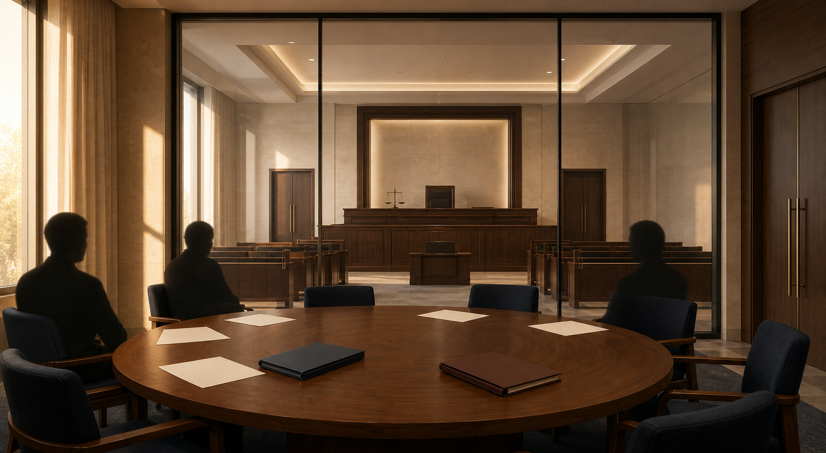 An unfinished negotiation table stands before a separate, empty courtroom with closed doors and a balance scale.
