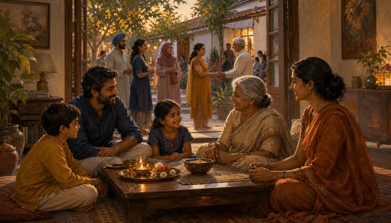 A multigenerational South Asian family gathers near a small oil lamp while neighbours meet in the shared courtyard outside.