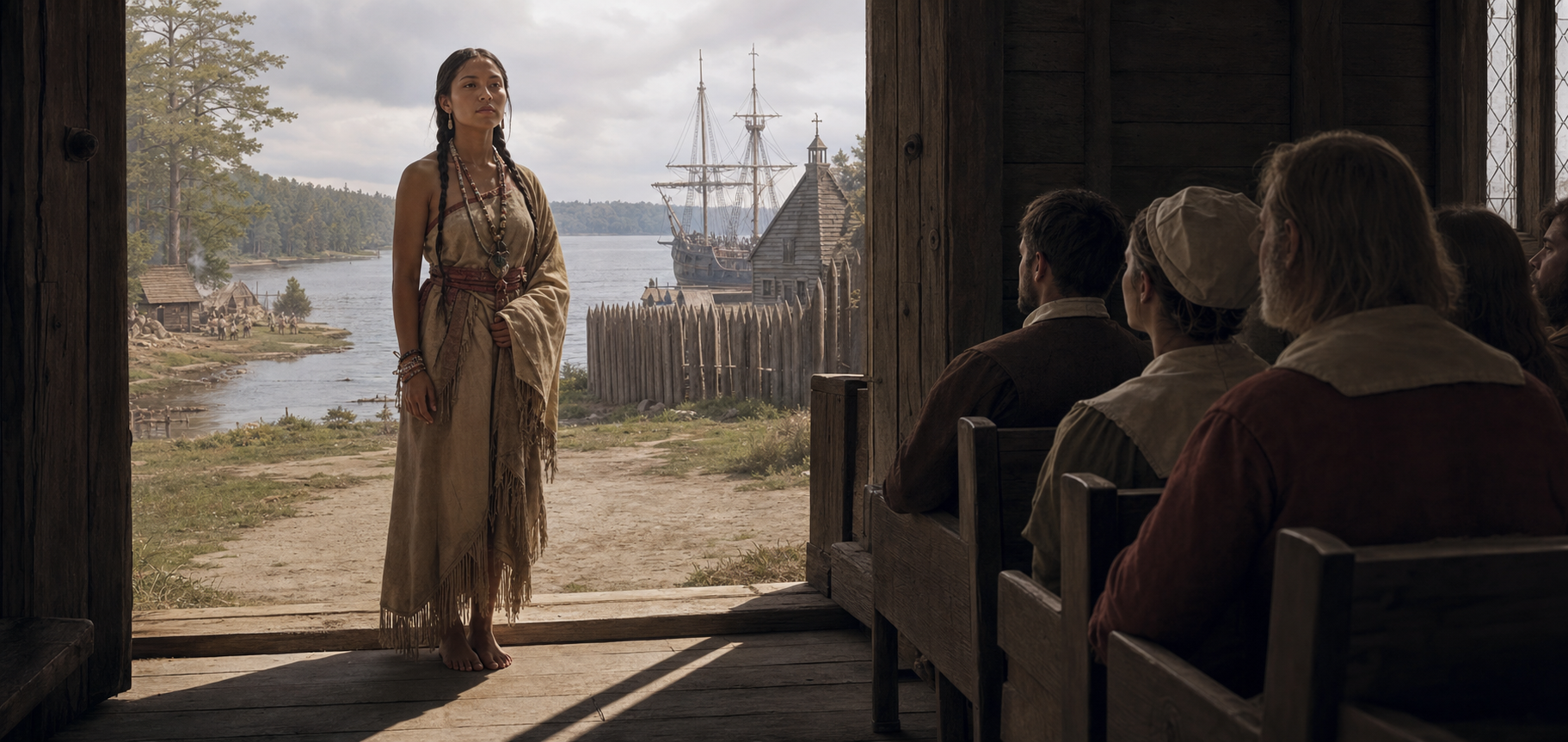 A young Powhatan woman stands at the entrance to an English colonial church, with a wooded river landscape behind her on one side and a fortified settlement and sailing ship on the other.