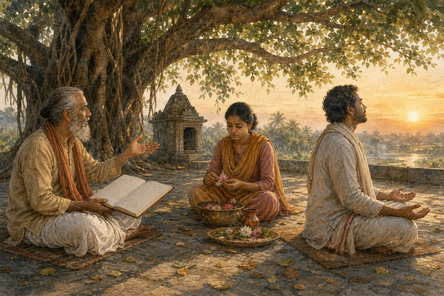 Three devotees sit beneath a banyan tree, one examining an open manuscript, one preparing a flower offering, and one resting with open palms.