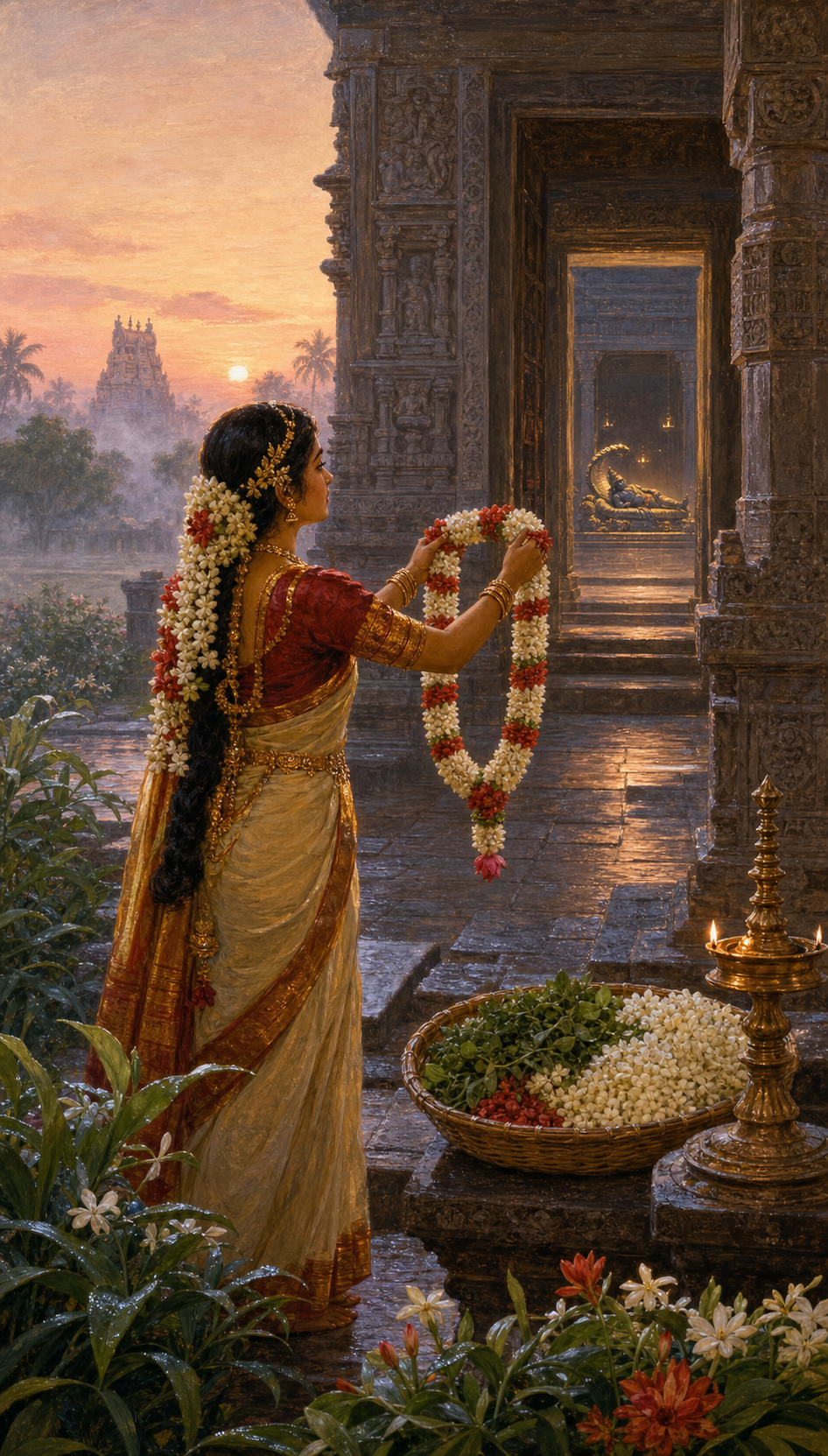 Andal holds a jasmine and tulsi garland in a temple garden while the reclining form of Ranganatha is visible through distant sanctuary doors.