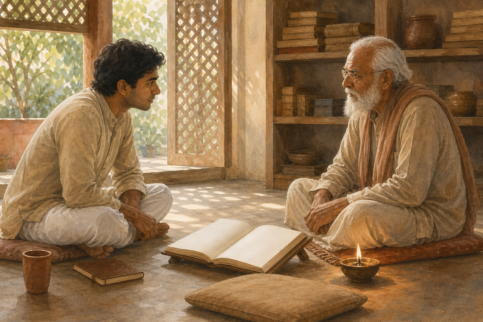 A seeker listens attentively to an elderly teacher beside an open unmarked manuscript and a small oil lamp on a quiet veranda.