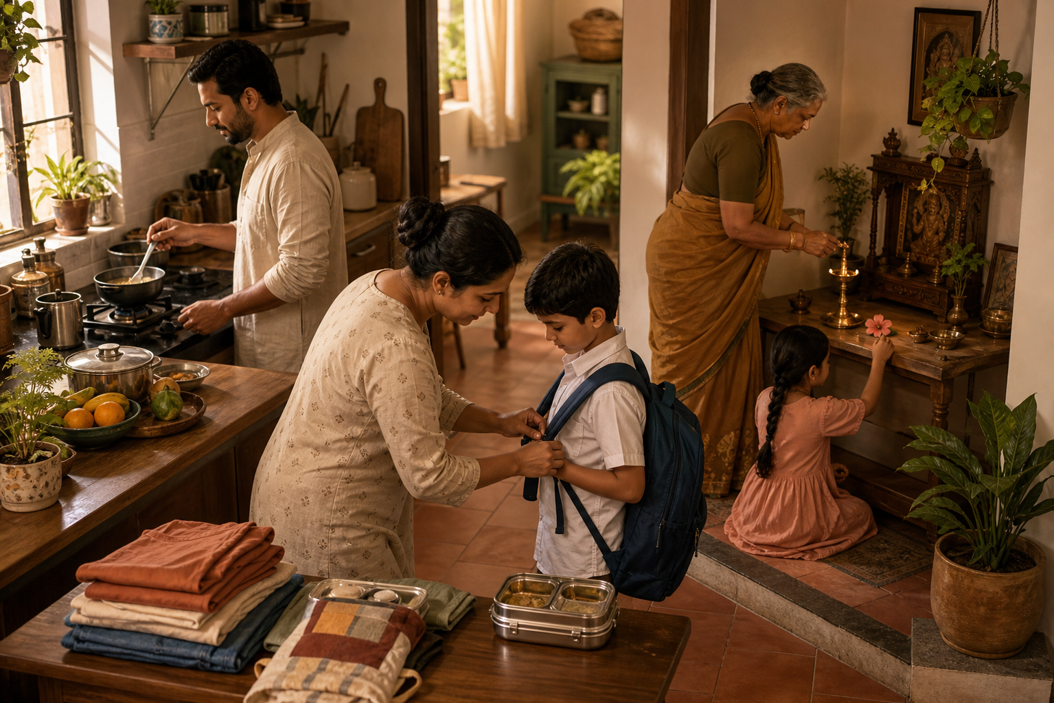 Family members prepare breakfast and school belongings while an elder tends a small prayer lamp in a lived-in home at dawn.