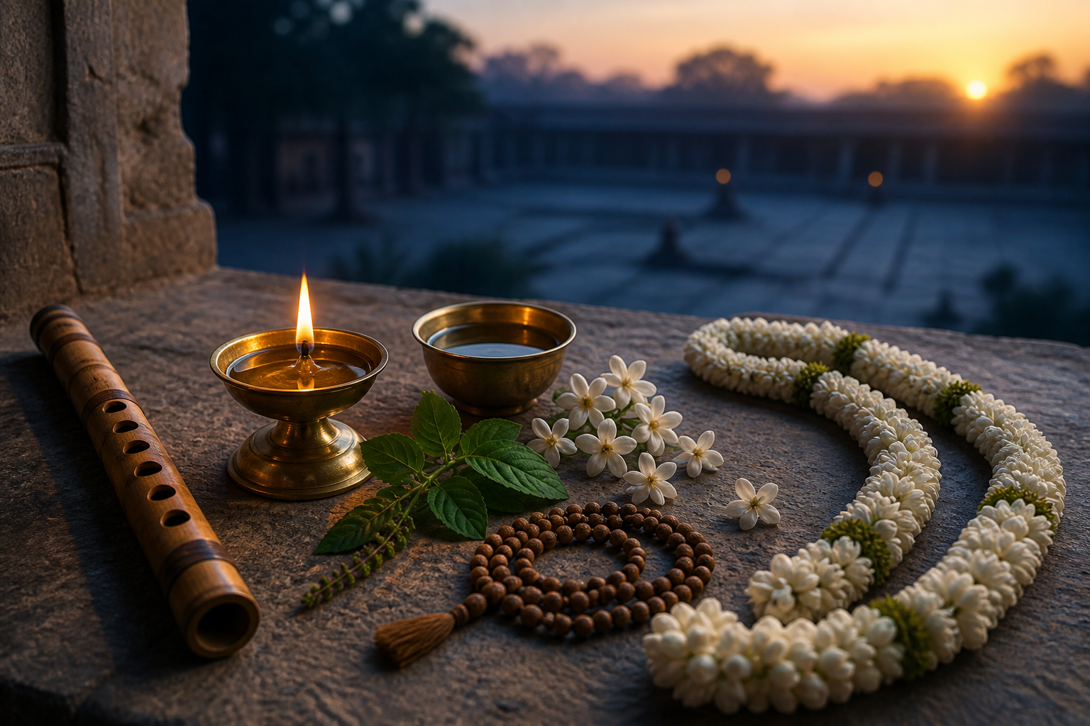 A brass lamp, prayer beads, tulsi leaves, jasmine flowers, a coiled garland, a bowl of water, and a bamboo flute rest on a stone ledge at dawn.