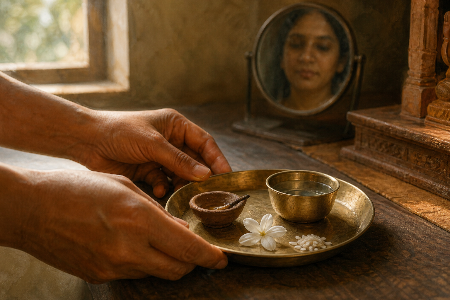 A devotee carefully arranges a jasmine flower, clay lamp, rice, and water on a brass offering plate at a home shrine.