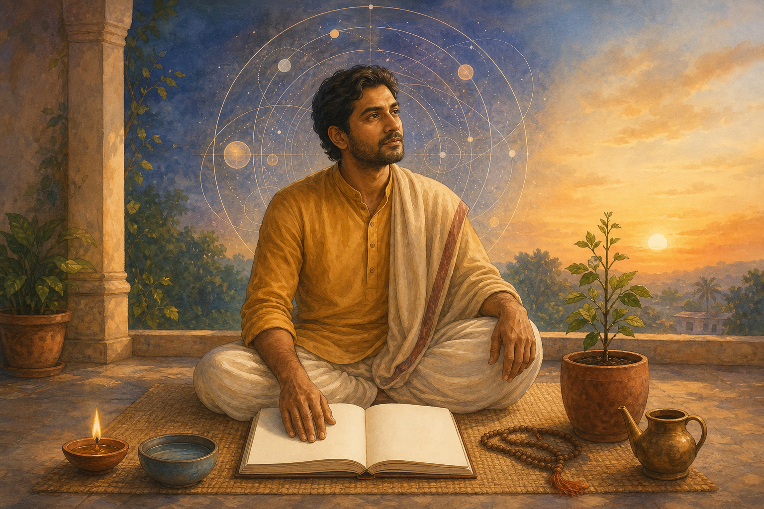 A person meditates beside a blank journal, an oil lamp, prayer beads, water, and a young plant, with abstract celestial patterns glowing behind them.