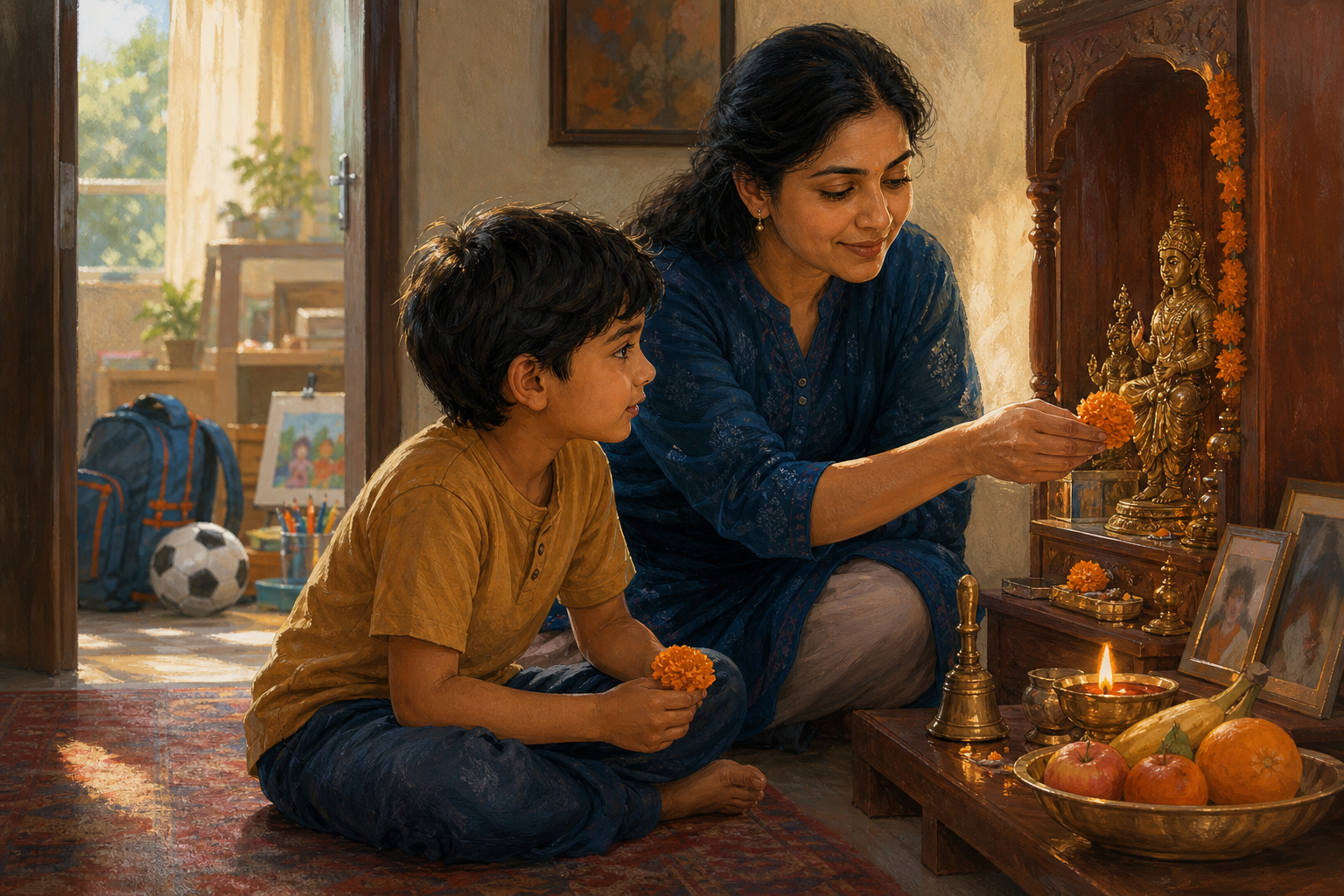 A parent shows a curious child how to place a flower at a small home shrine beside everyday school and play items.