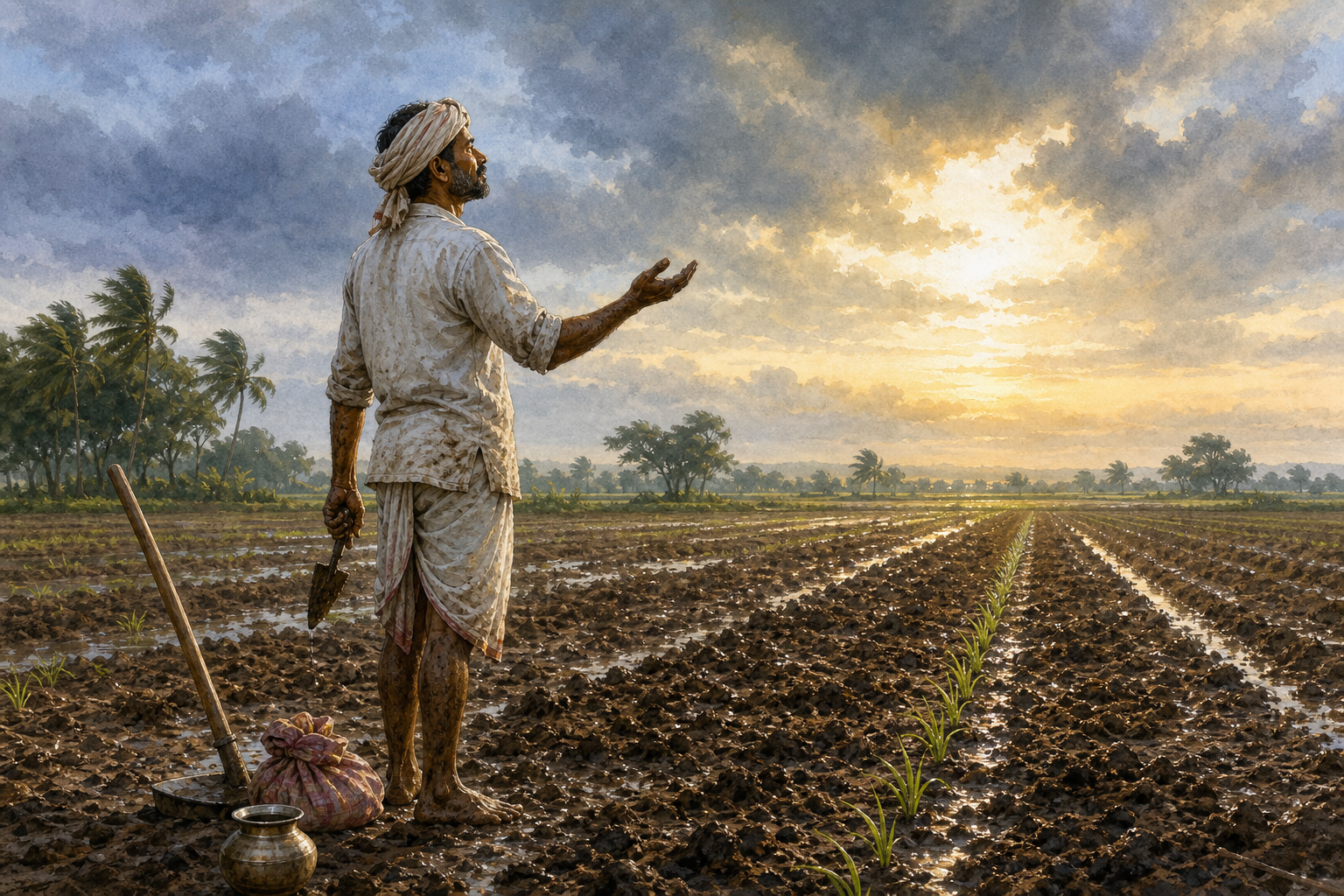 A farmer stands beside newly planted rows with a trowel in one hand and the other palm open beneath clearing rain clouds.