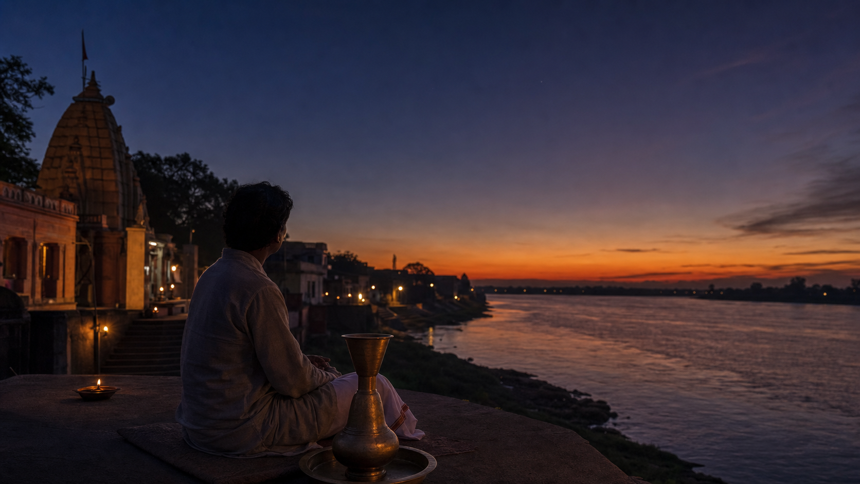 An observer watches twilight over a local riverside temple while lamps are lit and a brass water clock rests nearby.