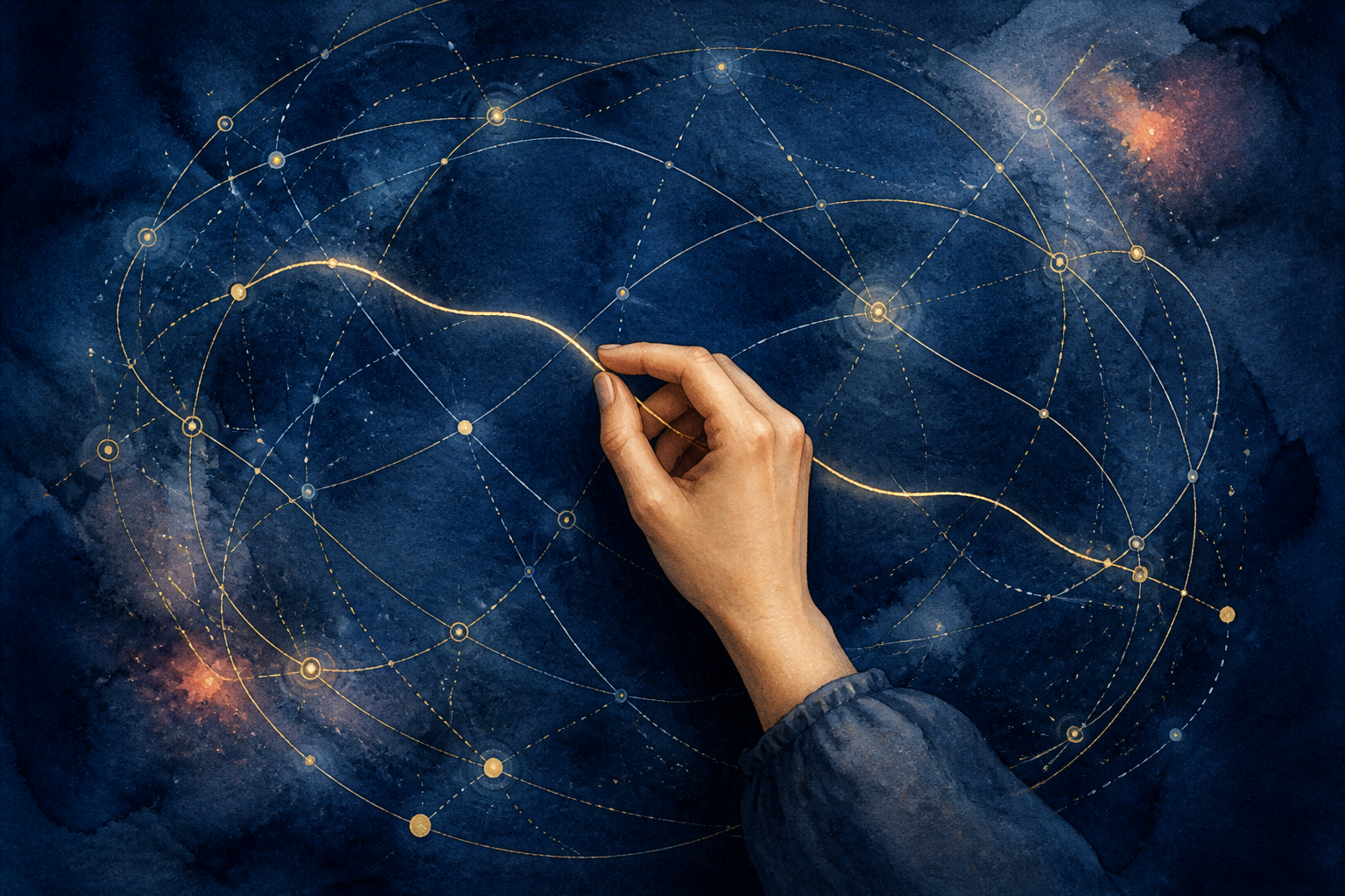 A hand redirects one golden thread through an abstract circular network of luminous celestial lines.