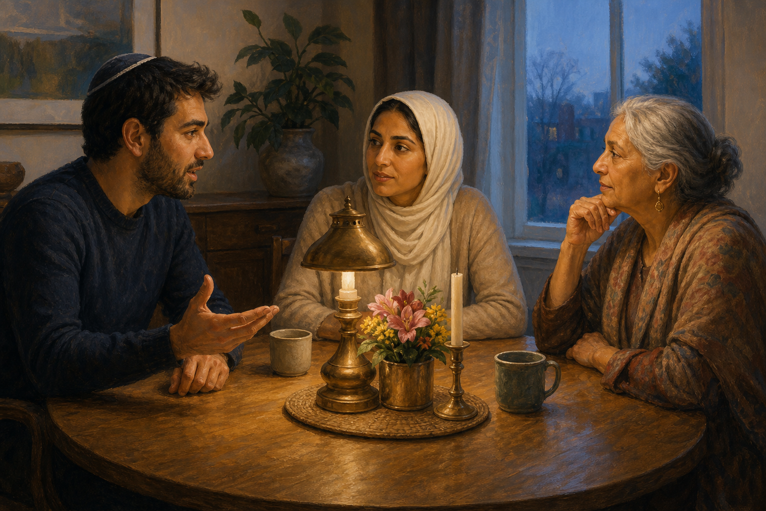 An interfaith couple and an older relative have a calm discussion around a dining table with a lamp, flowers, and a candle.