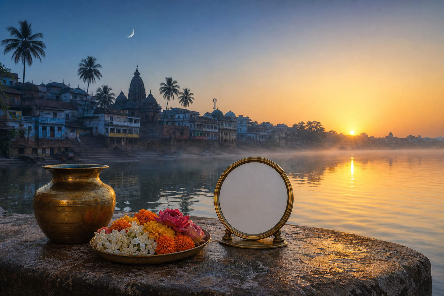 Temple town at dawn with a blank-faced clock, brass water pot and flower tray beside a misty river.