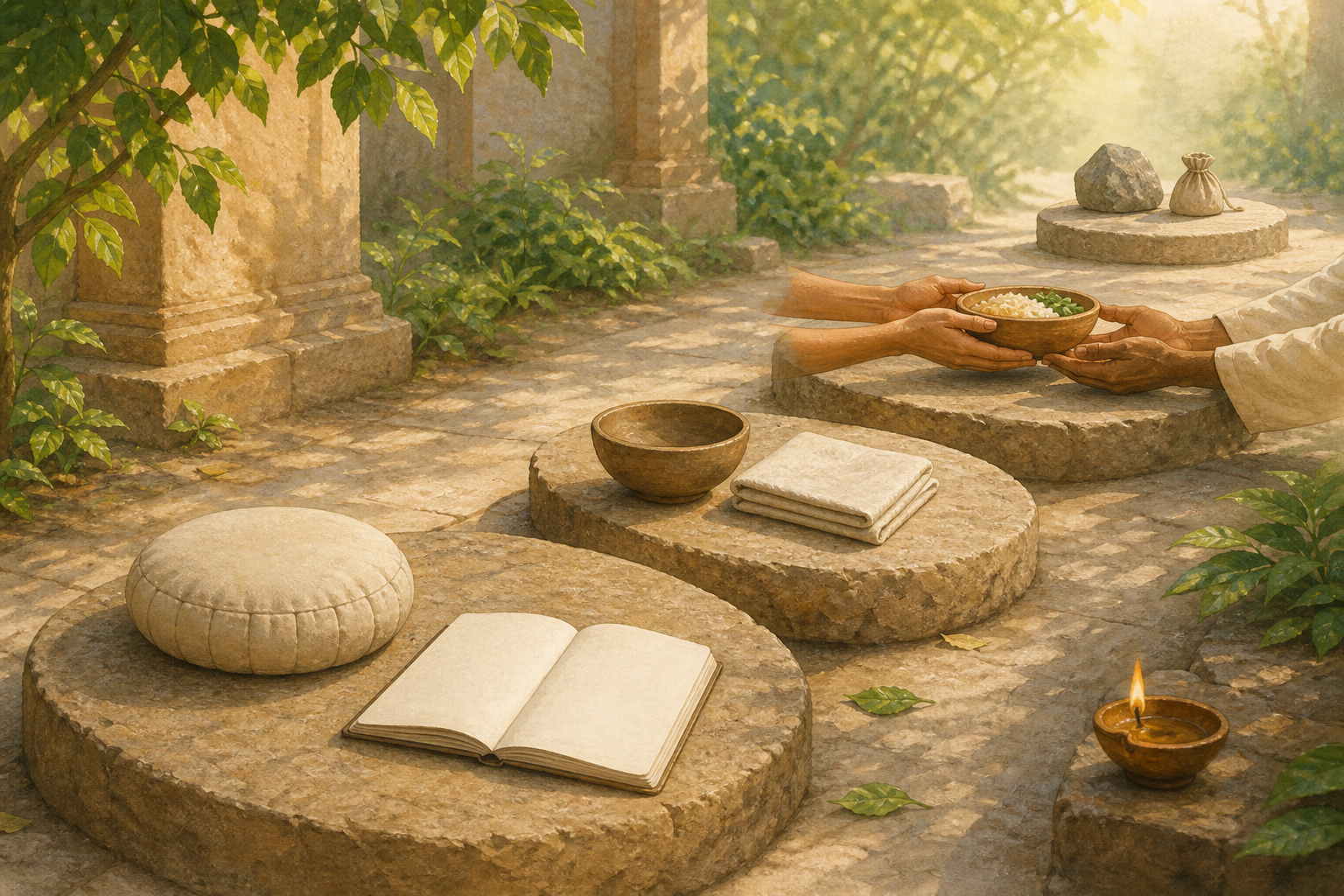 A sequence of stone platforms holds a journal, simple household objects, an offering of food, and a small unmounted stone in the distance.