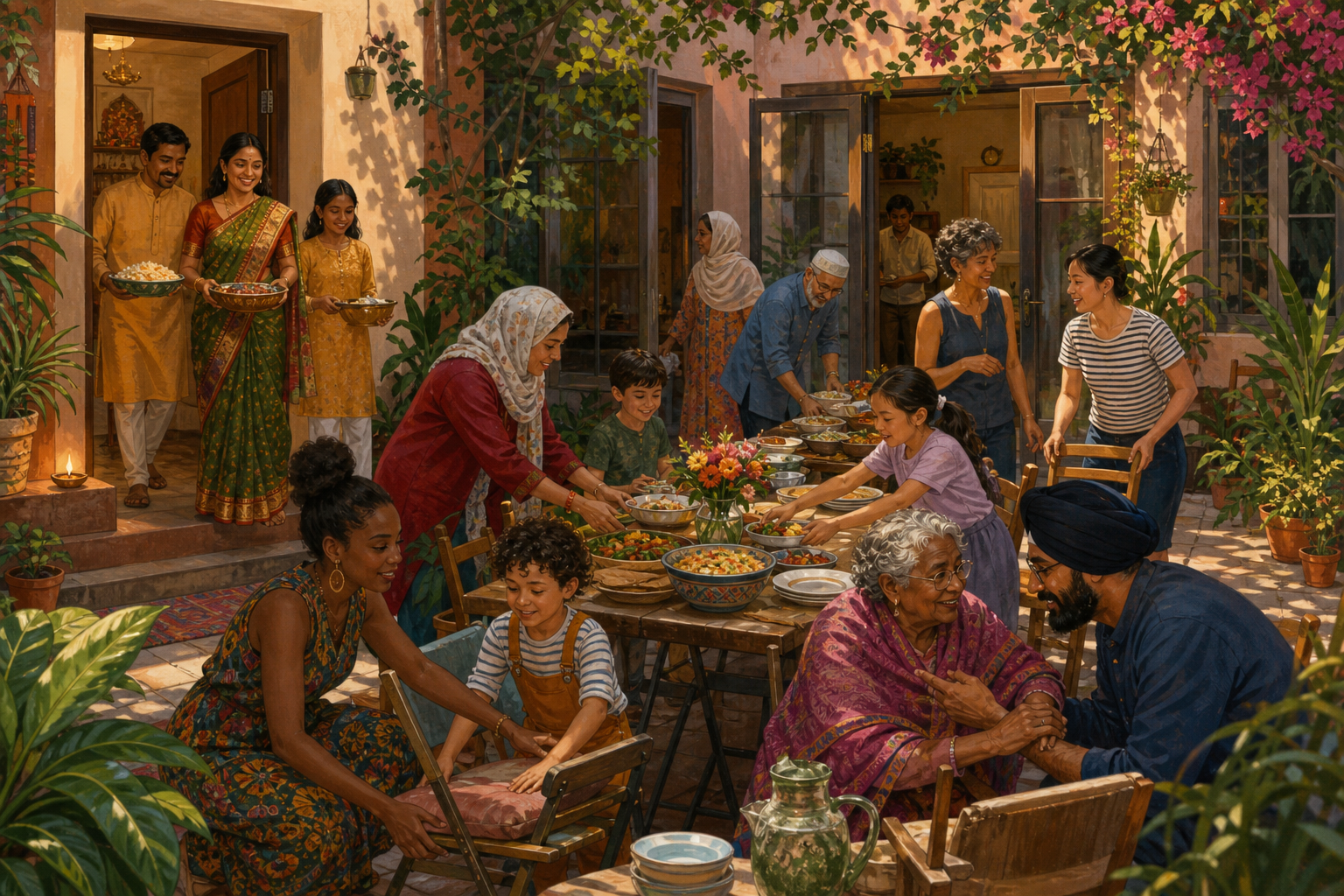 Neighbours from varied cultural and religious backgrounds share food and prepare seating in a courtyard beside a Hindu family's glowing doorway lamp.