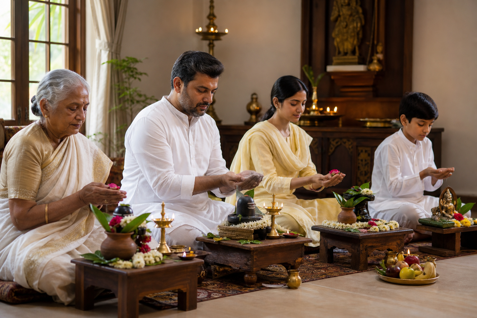 Four family members make individual prayer gestures before separate worship arrangements in a home shrine room.