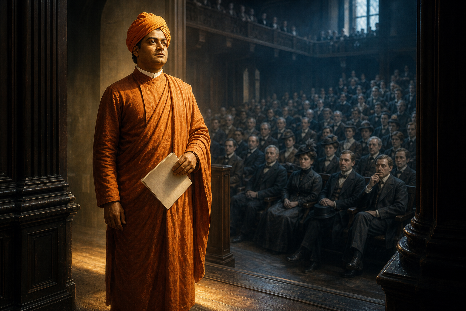 Swami Vivekananda stands calmly at the entrance of a late-19th-century American lecture hall before a seated audience.