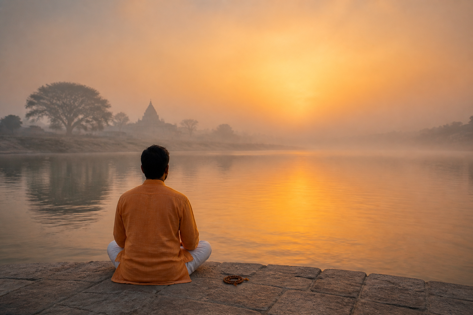 A person meditates on a stone platform beside a misty river as warm dawn light spreads across the water.
