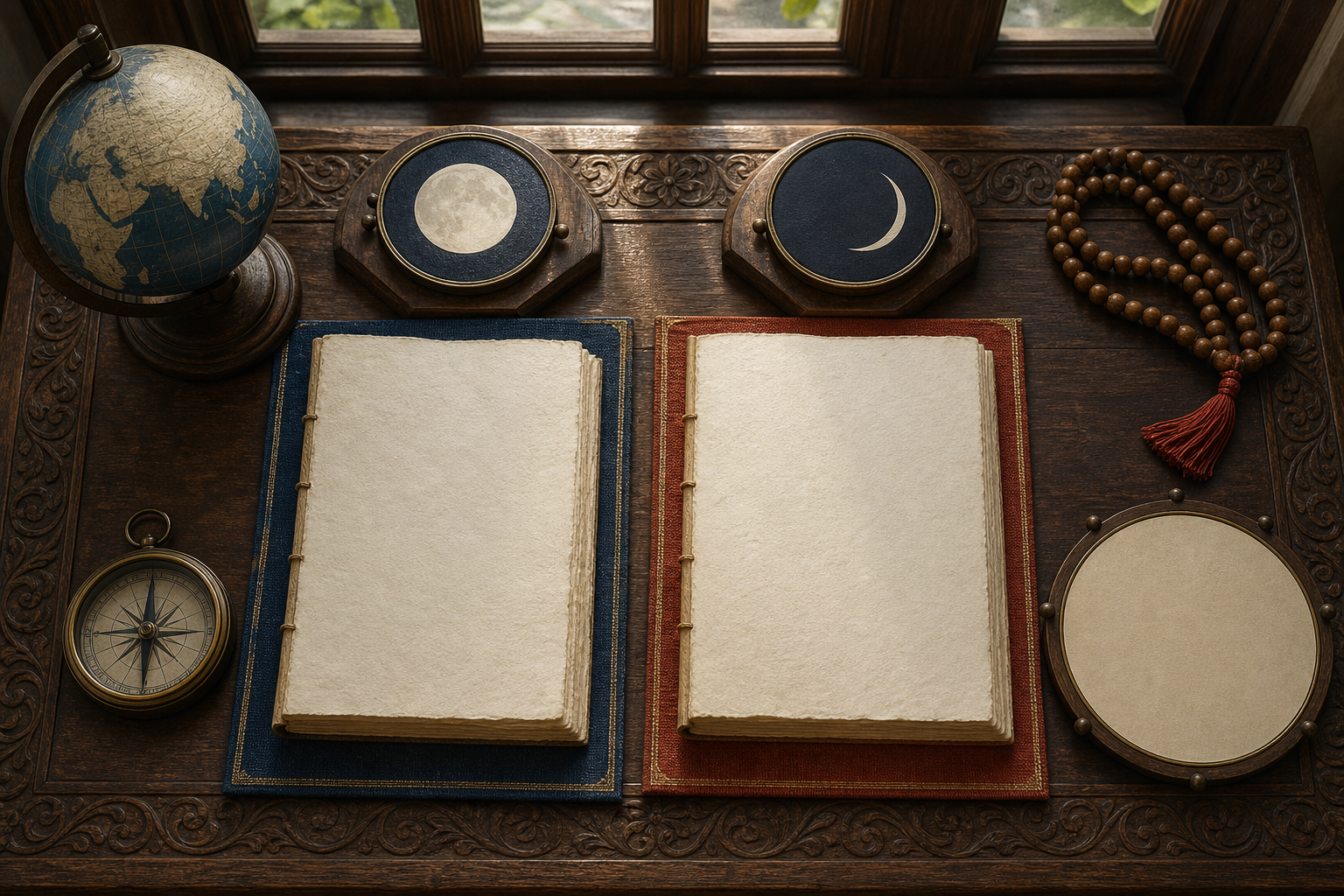 Two blank traditional almanacs sit beside moon motifs, a globe, a compass, prayer beads, and an unmarked lunar wheel.