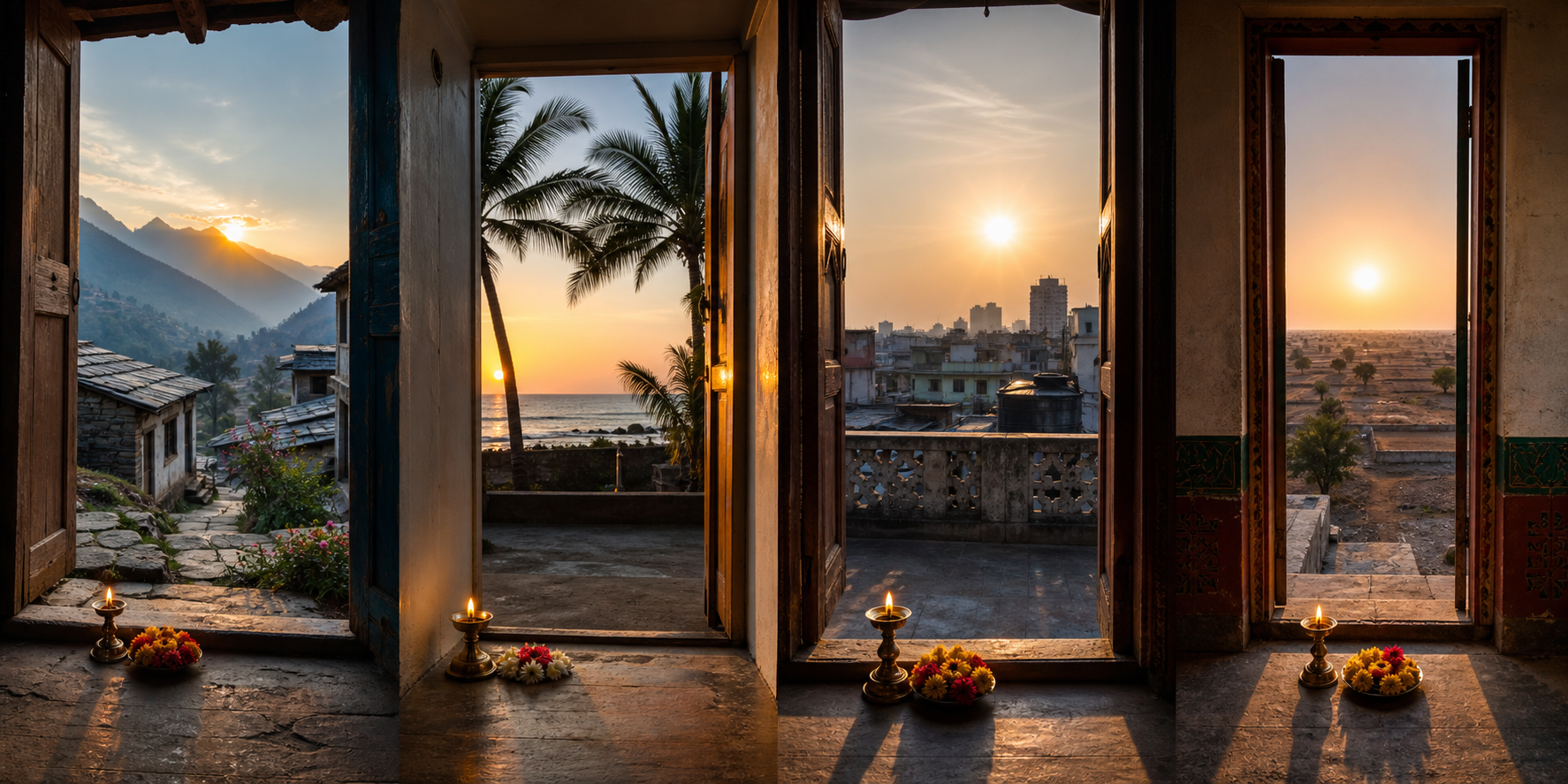 Four Indian homes in mountain, coastal, urban, and dry landscapes receive sunlight at different angles and cast different shadows.
