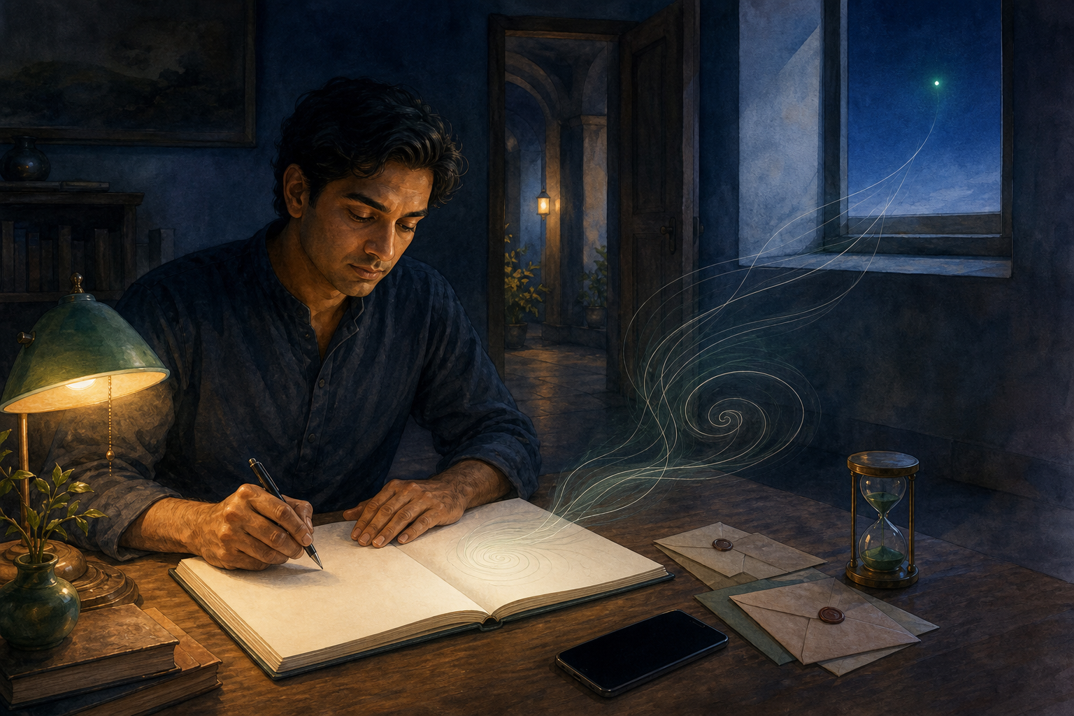 A person writes in a blank notebook in a quiet predawn study as faint green lines spiral from a window toward the desk.