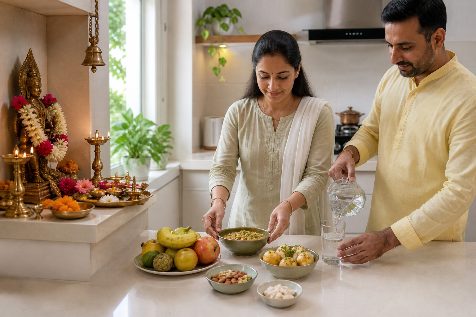 Two adults prepare fruit, nuts, vegetables and water for a modest fast beside a raised home worship shelf.