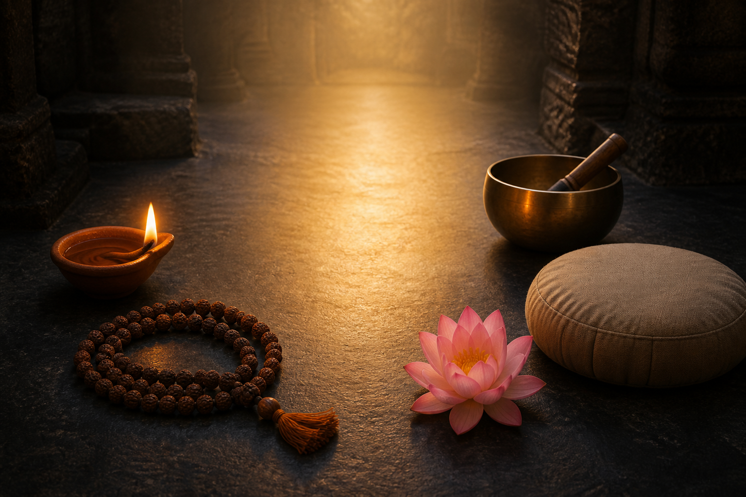 A lamp, meditation beads, brass bowl, cushion, and lotus are arranged around a softly illuminated empty space.