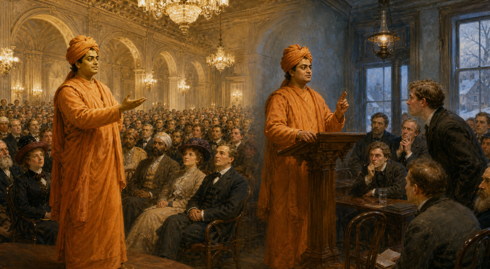 Two connected scenes show Swami Vivekananda addressing a welcoming Chicago audience and responding firmly in a smaller Detroit lecture hall.