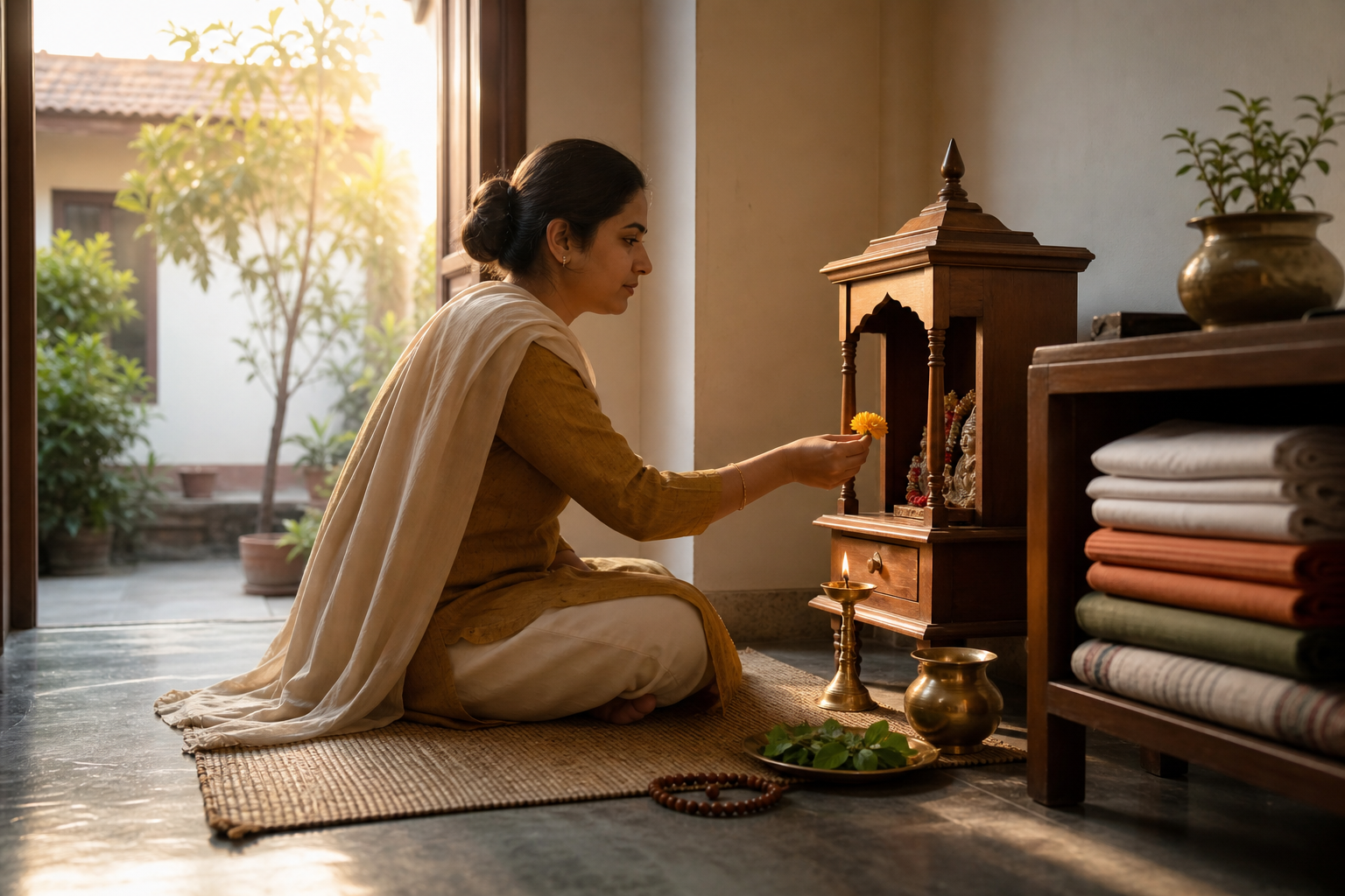 A householder performs a simple dawn observance at a small home shrine with a lamp, flower, water vessel, tulsi leaves, and prayer beads.