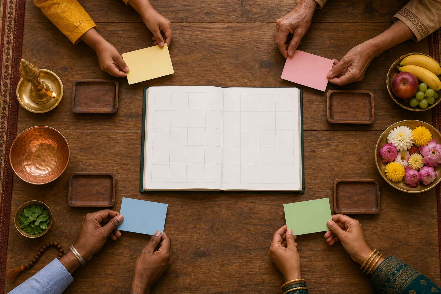Several family members arrange blank color-coded cards around an unmarked calendar beside separated worship items.