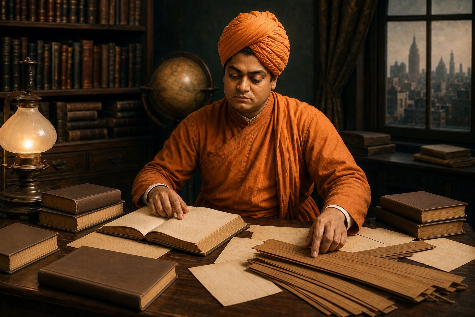 Swami Vivekananda studies books, notes, and a palm-leaf manuscript at a wooden desk beside a lamp and globe.