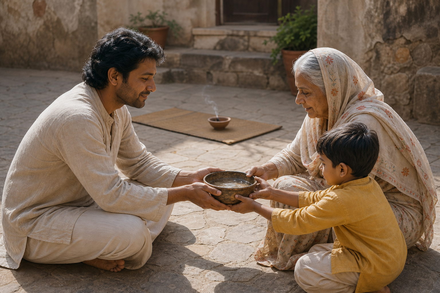 An adult offers a bowl of water to an elderly neighbor as a child helps in a sunlit courtyard.