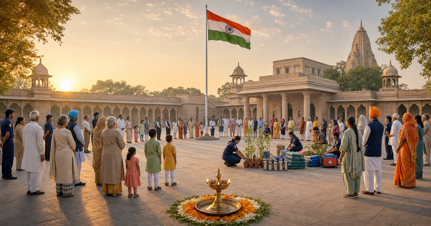 Citizens from several generations and Dharmic communities gather around the Indian flag and a ceremonial lamp while volunteers prepare service supplies nearby.