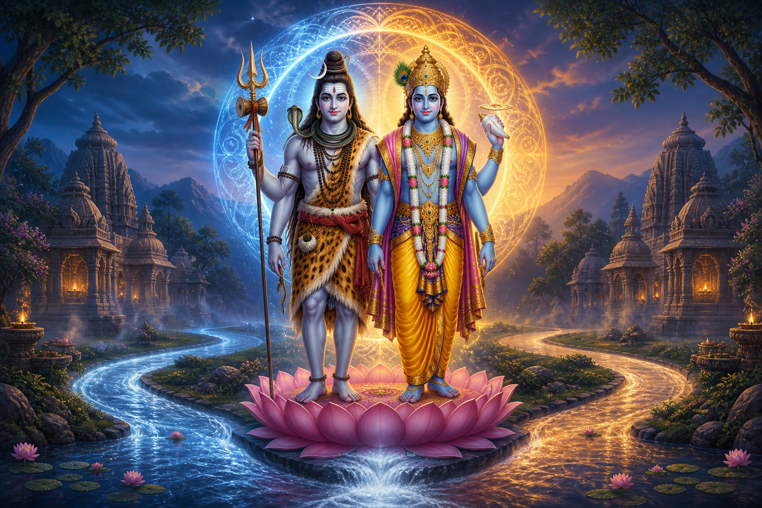 Lord Shiva and Lord Vishnu stand together on a shared lotus pedestal within an interwoven blue and golden halo.