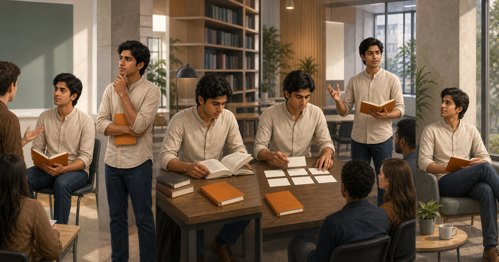 Six connected scenes show a person listening, evaluating a claim, researching sources, organizing notes, speaking calmly, and reflecting afterward.