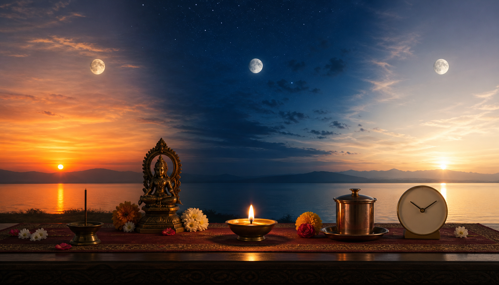 A dusk-to-dawn devotional scene with changing moon positions, a glowing diya and a covered copper cup prepared for morning.