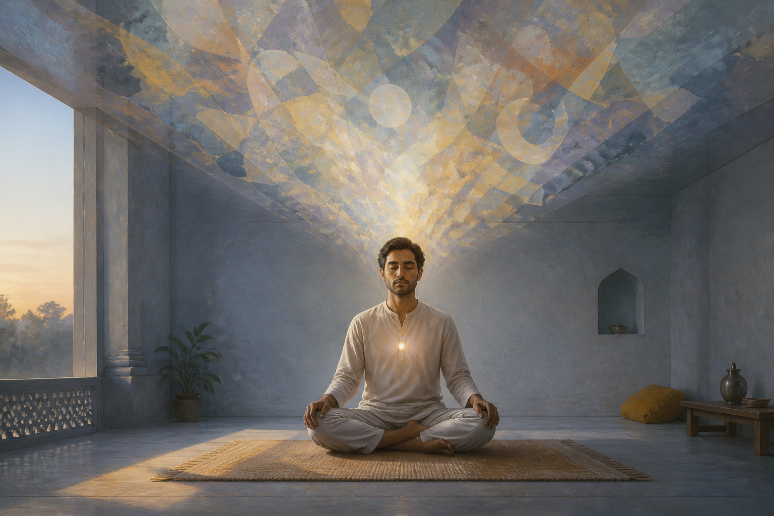 A seated yoga practitioner faces a small warm light while translucent prismatic reflections expand above it in a quiet dawn-lit room.