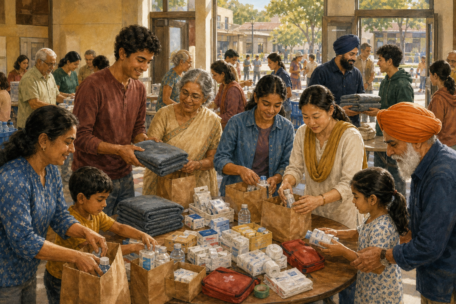Hindu, Buddhist, Jain and Sikh community members work together around a table to assemble food parcels and emergency supplies in a civic hall.