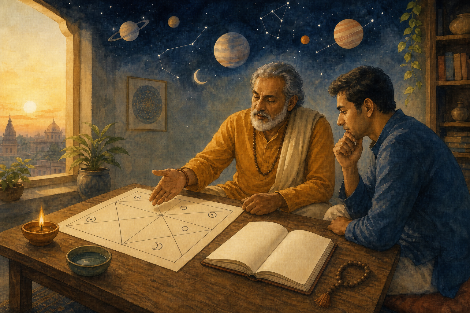 An astrologer and a seeker calmly examine an unlabeled geometric horoscope beside a journal, oil lamp, prayer beads, and bowl of water.
