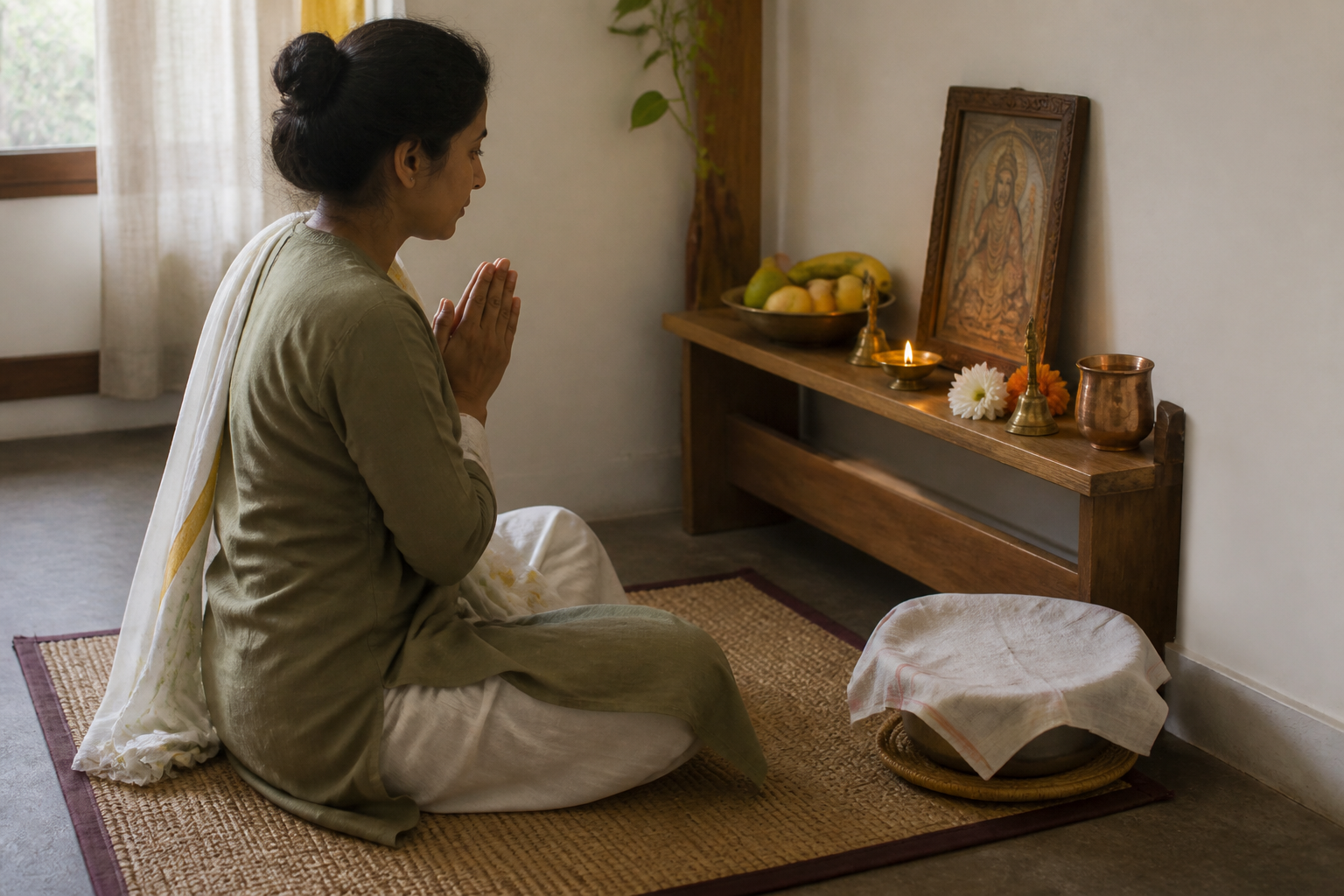 A devotee seated calmly before a small home shrine with a diya, fruit, water and flowers.