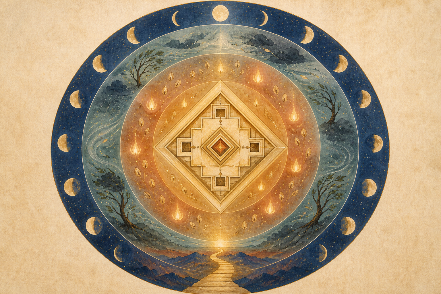 An unlabeled geometric horoscope is surrounded by four symbolic layers representing structure, capacity, pressure, and changing conditions.