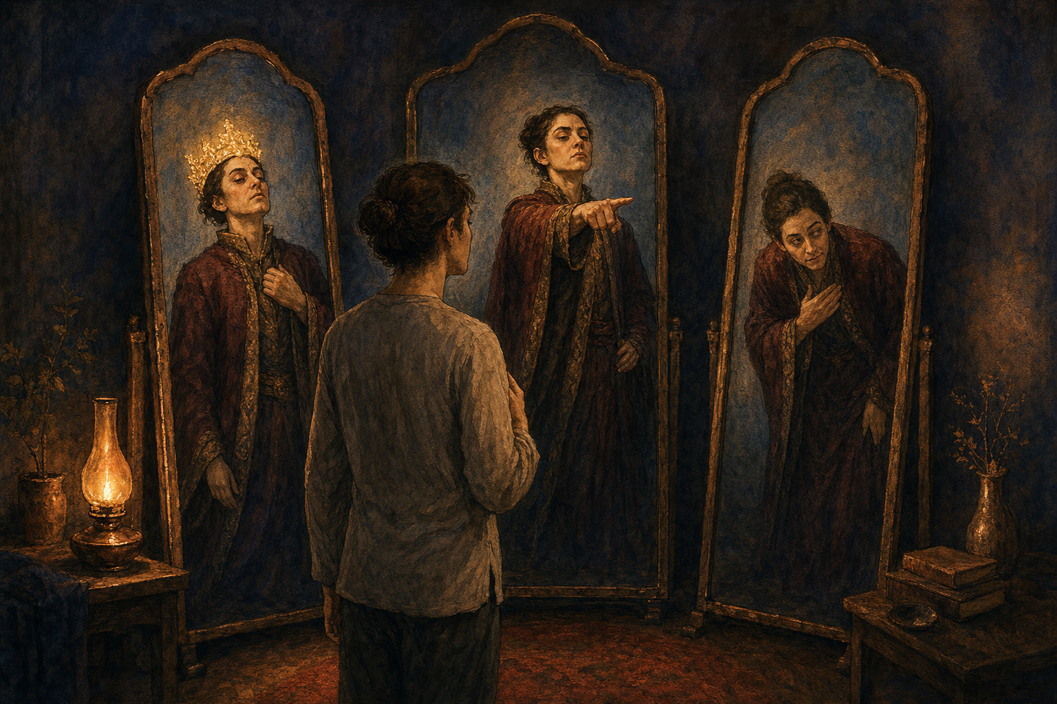 A plainly dressed practitioner faces three mirrors showing proud, rigid, and performatively humble versions of the same person.