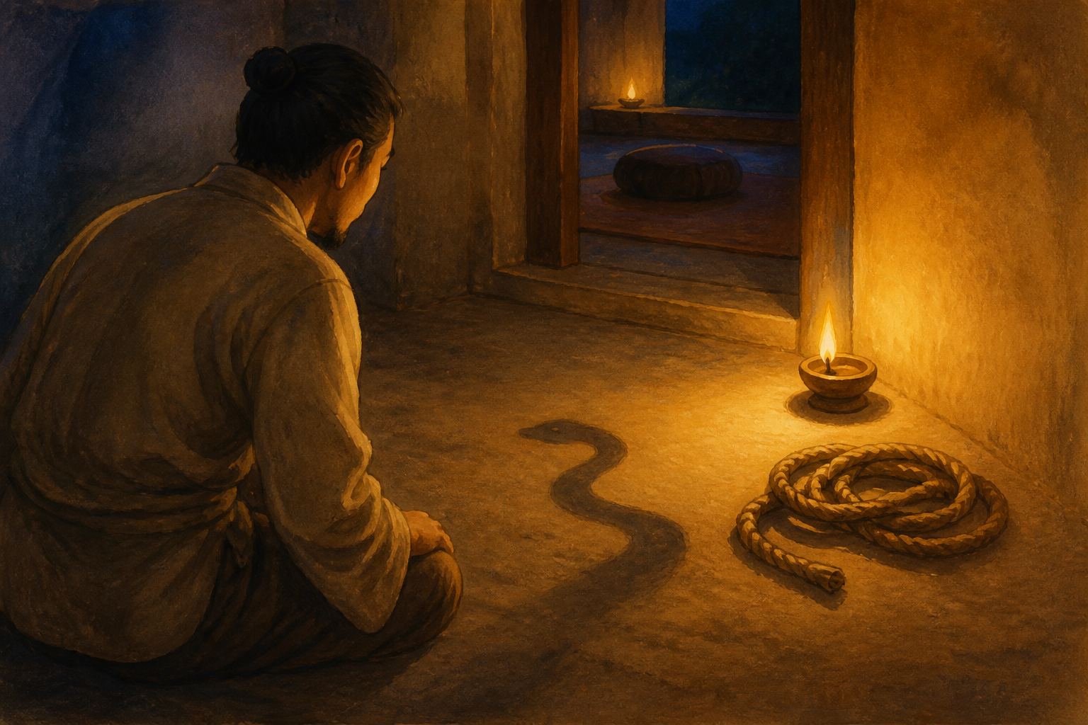A practitioner pauses in a dim corridor where a coiled rope casts a snake-like shadow beside a small lamp.