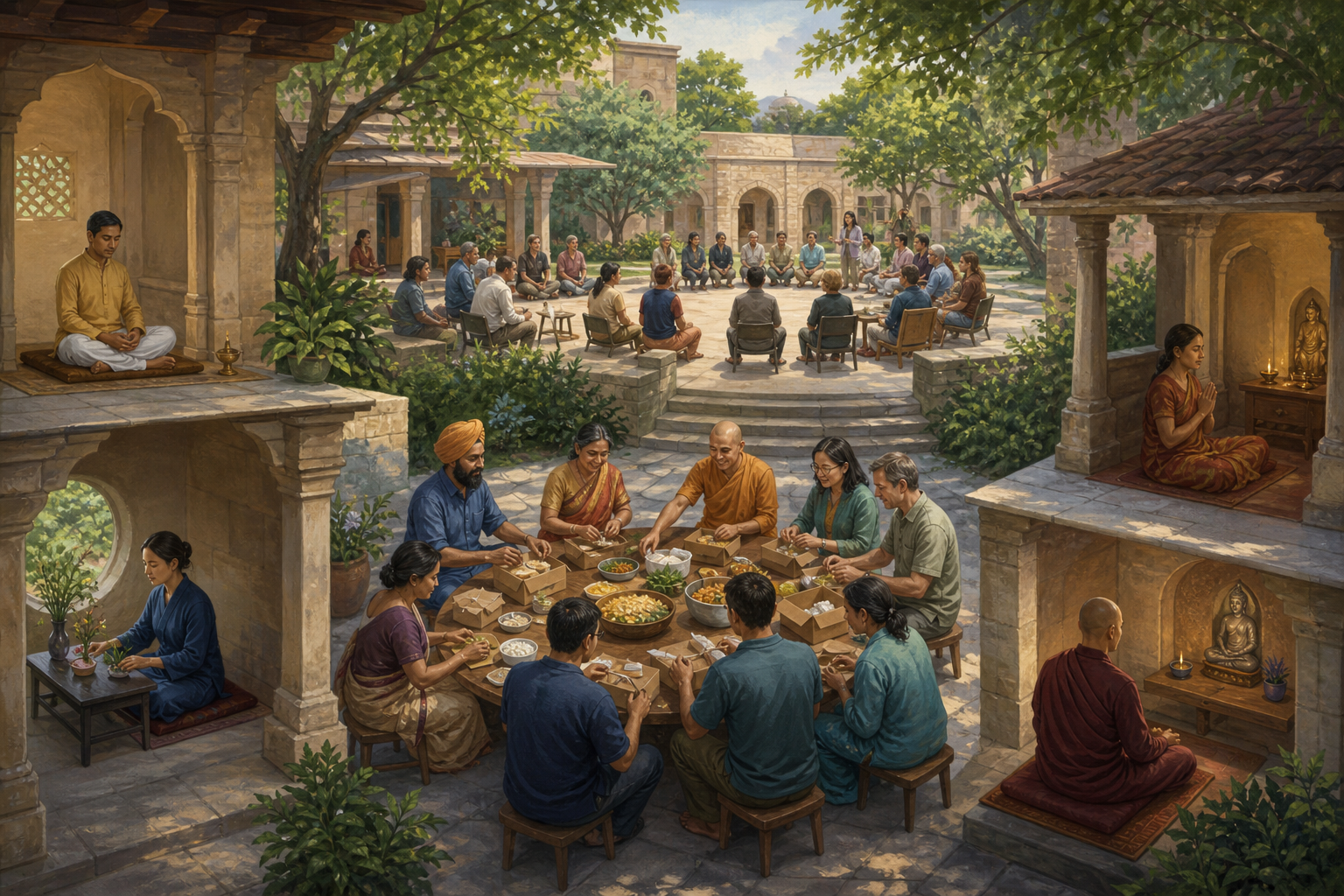 A community campus has separate contemplative alcoves, a shared service table and an open civic courtyard connected by pathways.