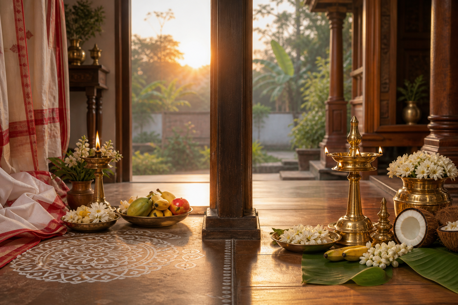 Bengali and Kerala home worship settings shown side by side with distinct lamps, flowers, foods and regional materials.